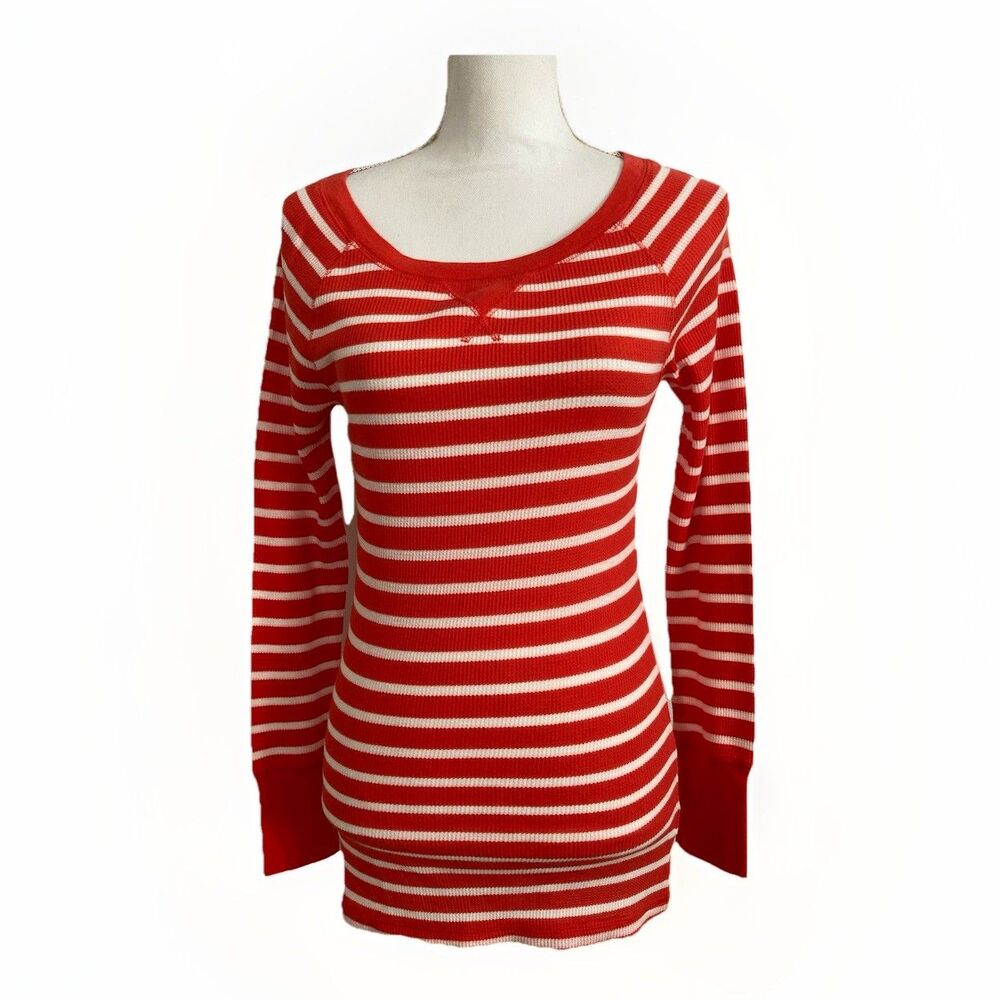 Old Navy Thermal Top Womens M Orange White Stripe Waffle Knit Long Sleeve Casual